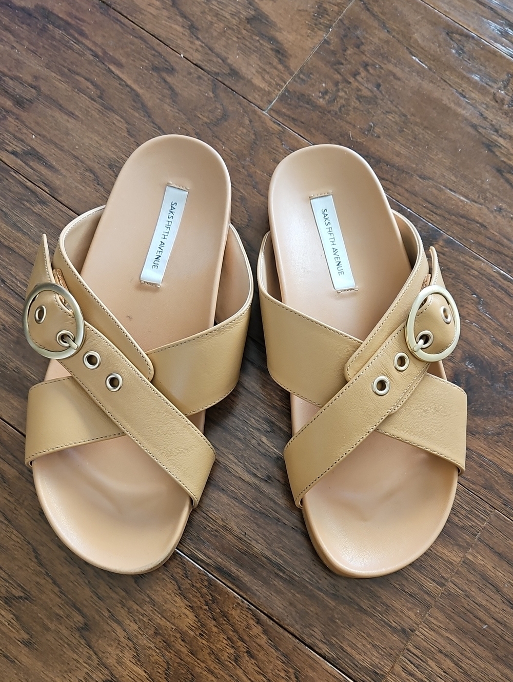Saks Fifth Avenue Leather Crisscross Slide Sandals in Tan